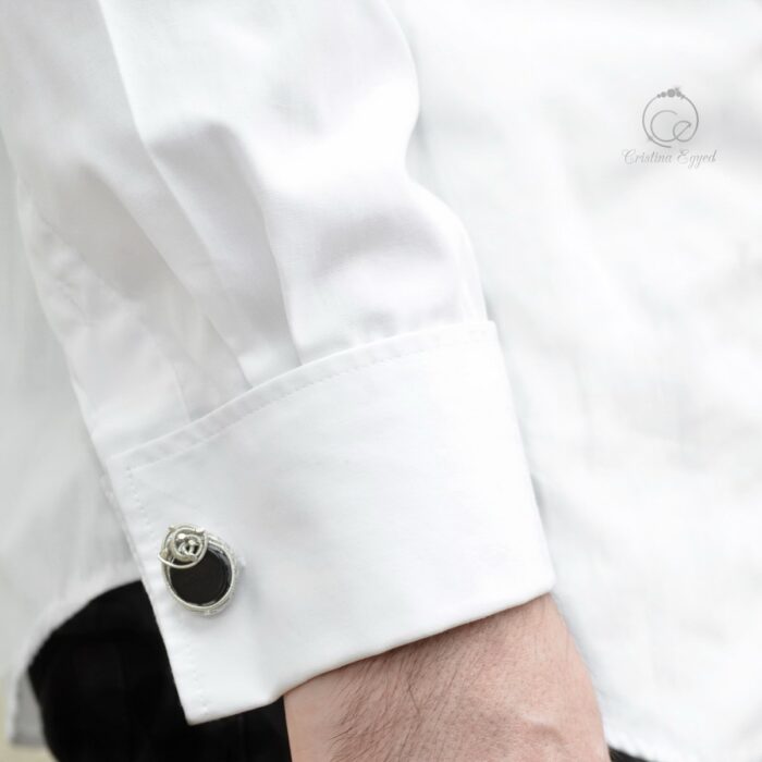 Butoni unicat din argint și onix negru, butoni argint, butoni cămașă